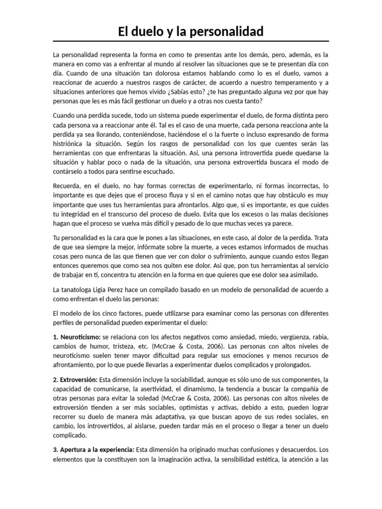 El Duelo y La Personalidad | PDF | Dolor | Las emociones