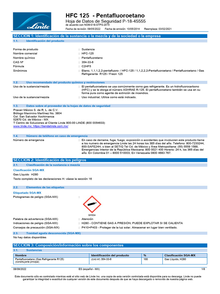 Hoja de Seguridad HFC-125 Pentafluoroetano | PDF | Agua | Contaminación