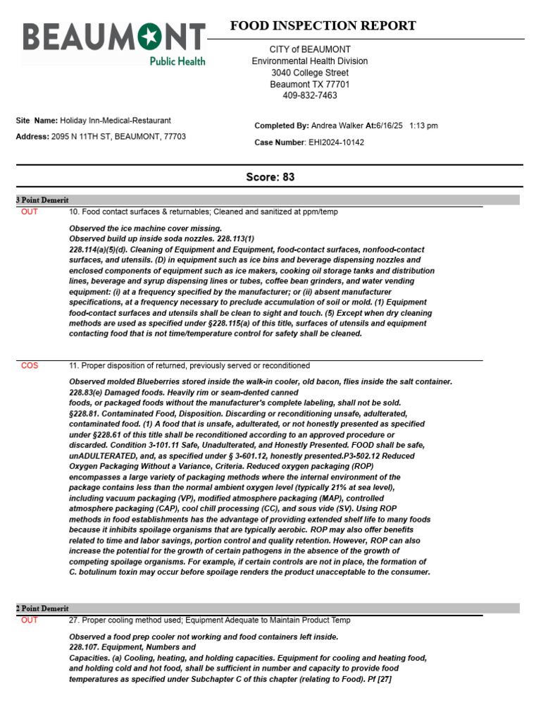 Beaumont Food Inspection Report: Holiday Inn | PDF | Hand Washing ...