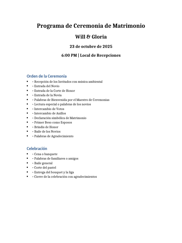 Programa de Ceremonia de Matrimonio 2025 | PDF