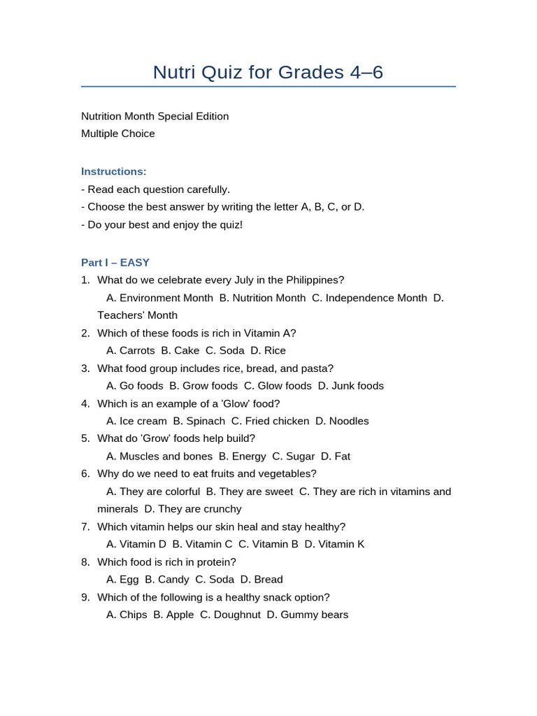 Grade 4 Nutri Quiz for 2025 | PDF | Foods | Vitamin