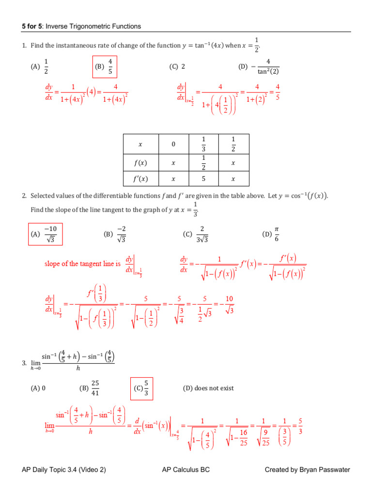 5 For 5 Inverse Trig Topic 3.4 Video 2 Key | PDF | Trigonometric ...