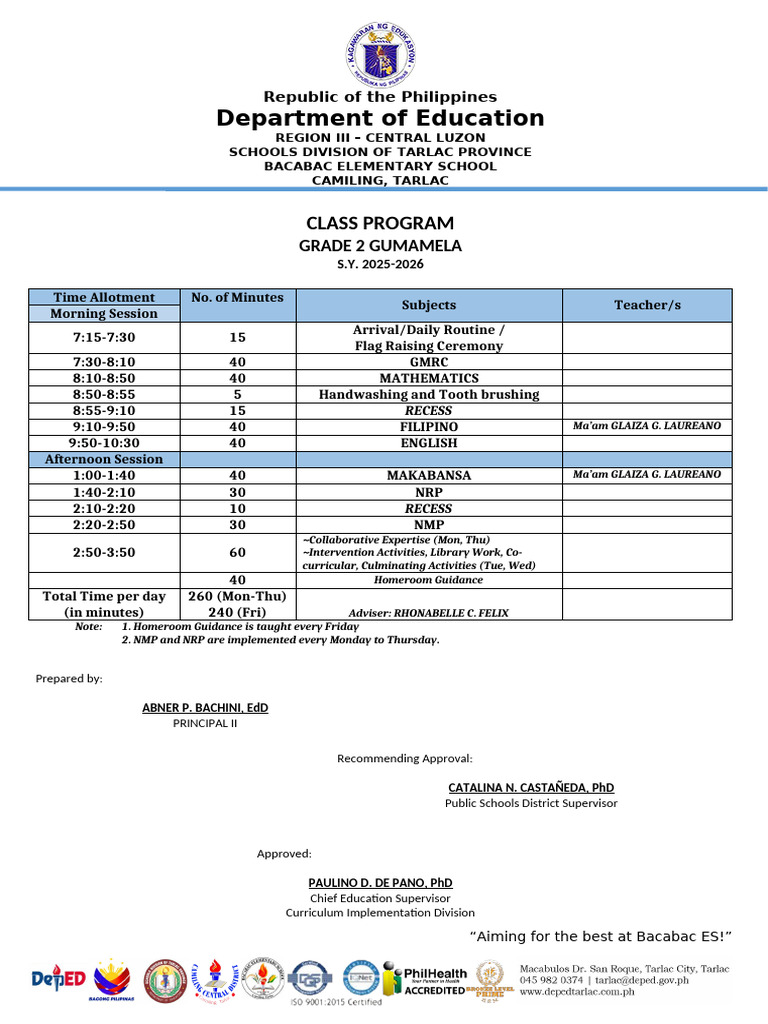 Grade 2 Class Program 2025-2026 | PDF