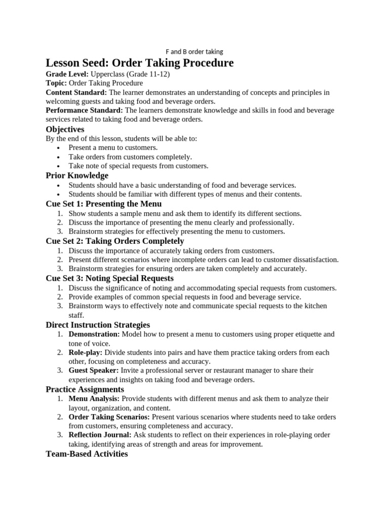Food & Beverage Order Taking Guide | PDF | Menu | Cognitive Science