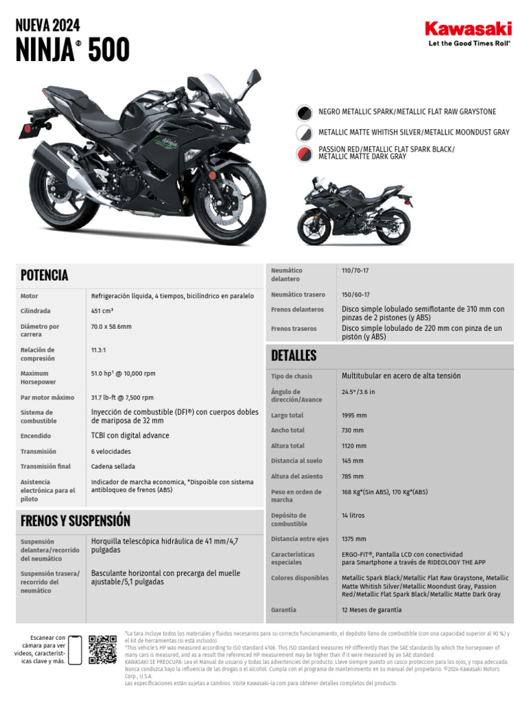 Kawasaki Ninja 500 2024: Especificaciones y Colores | PDF | Sistema de ...