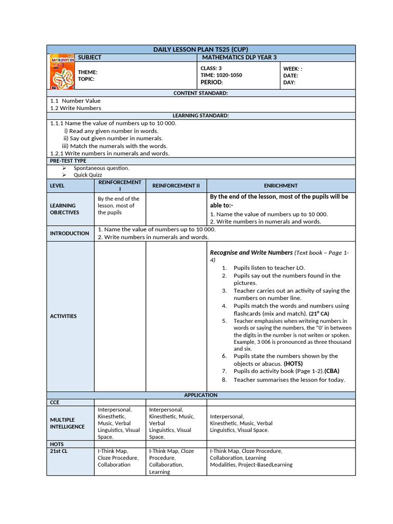 Year 3 Mathematics Lesson Plan | PDF | Lesson Plan | Learning