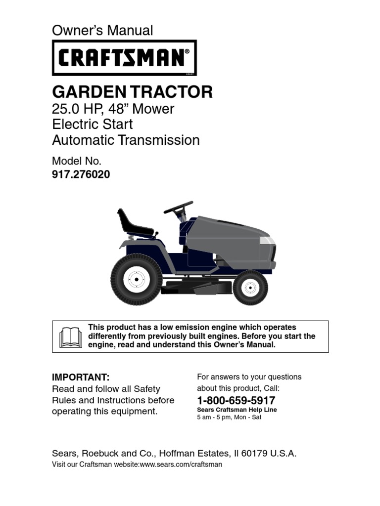 Craftsman Garden Tractor 917.276020 Owners Manual | Tractor | Manual