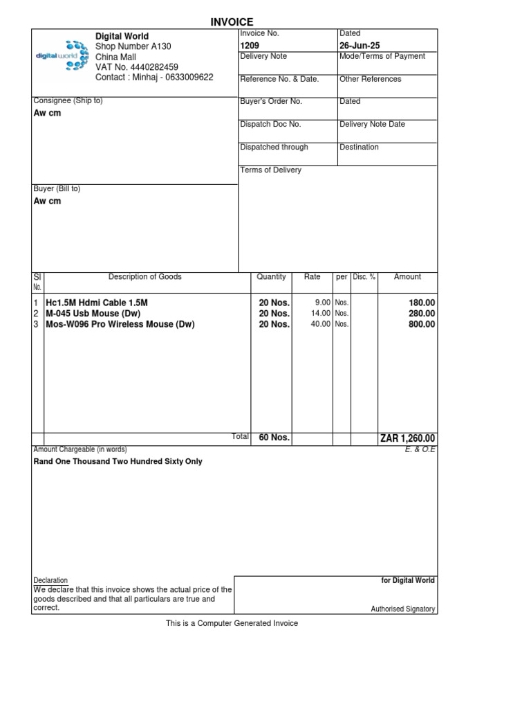 Digital World Invoice for HDMI & Mouse | PDF