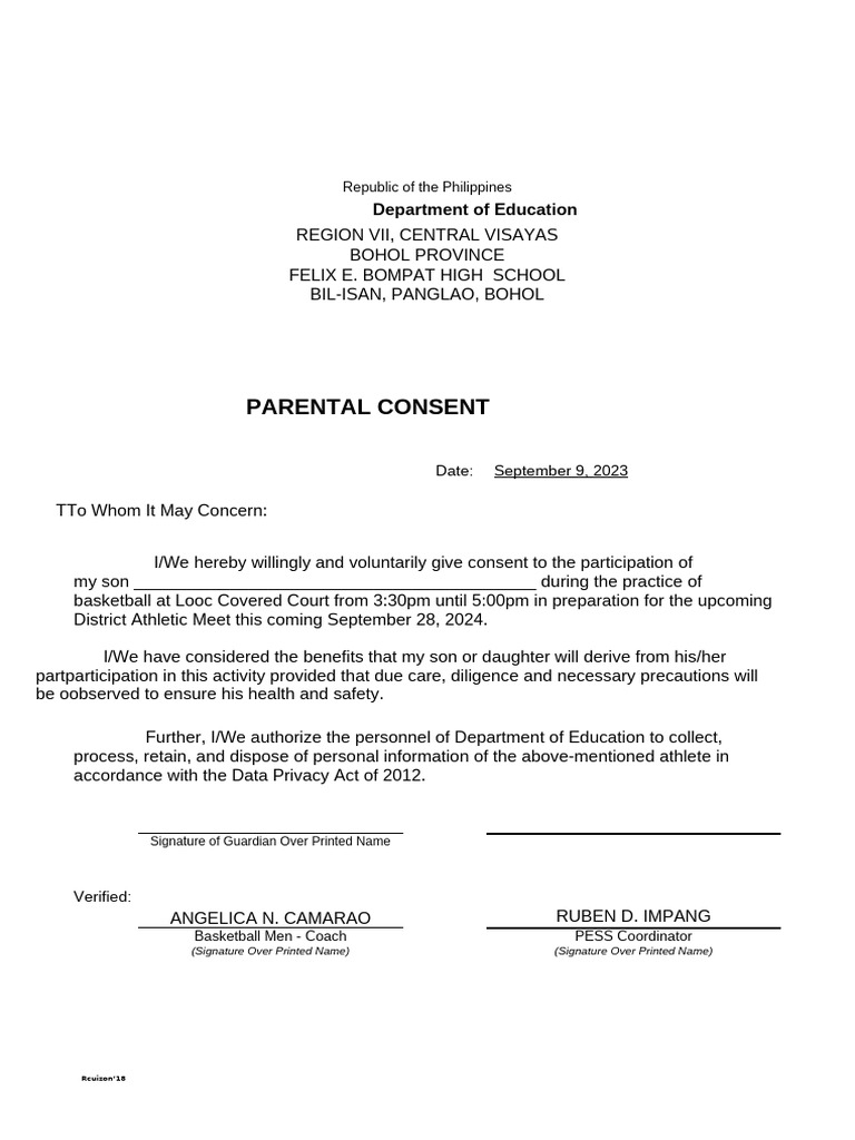 Parental Consent for Basketball Practice | PDF