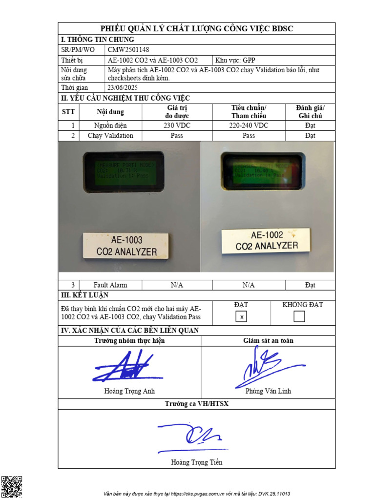 (Signed) PhiếuQLCLCVValidateAE 1002CO2vàAE 1003CO2. | PDF
