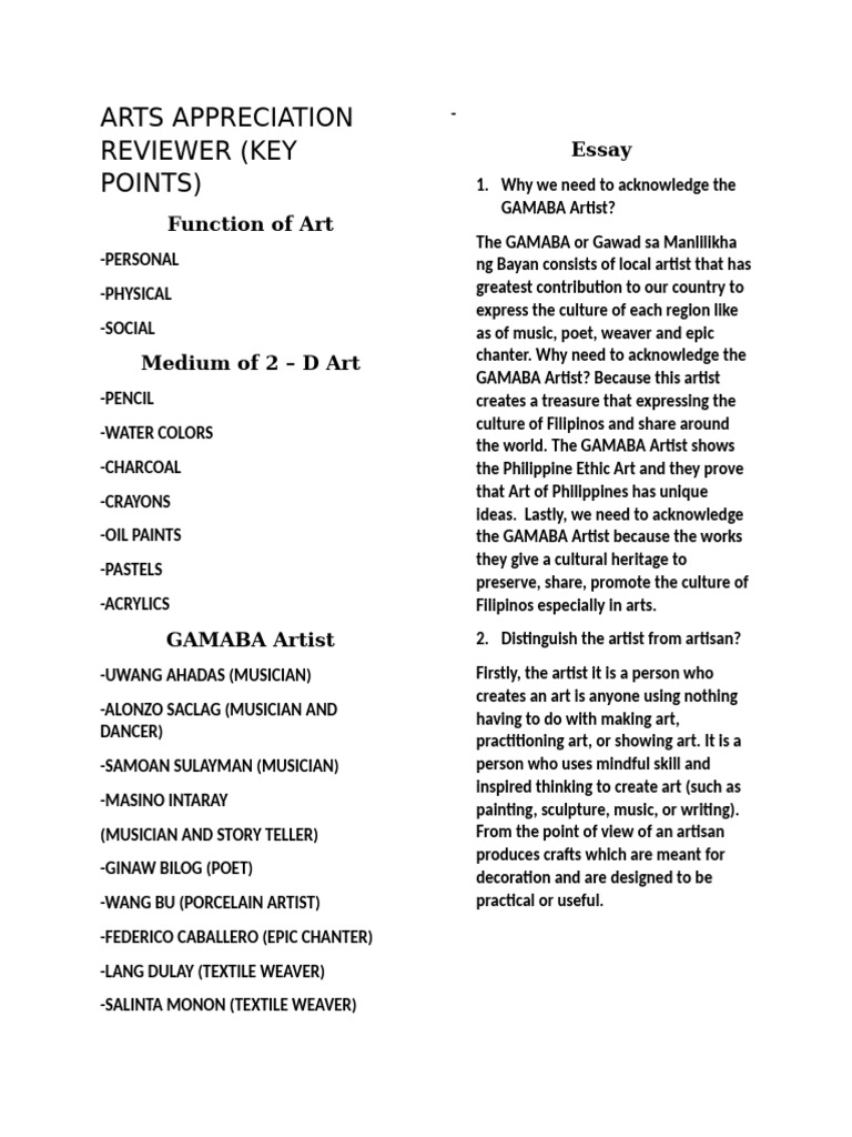 Arts Appreciation Reviewer | PDF | Liberal Arts Education | The Arts
