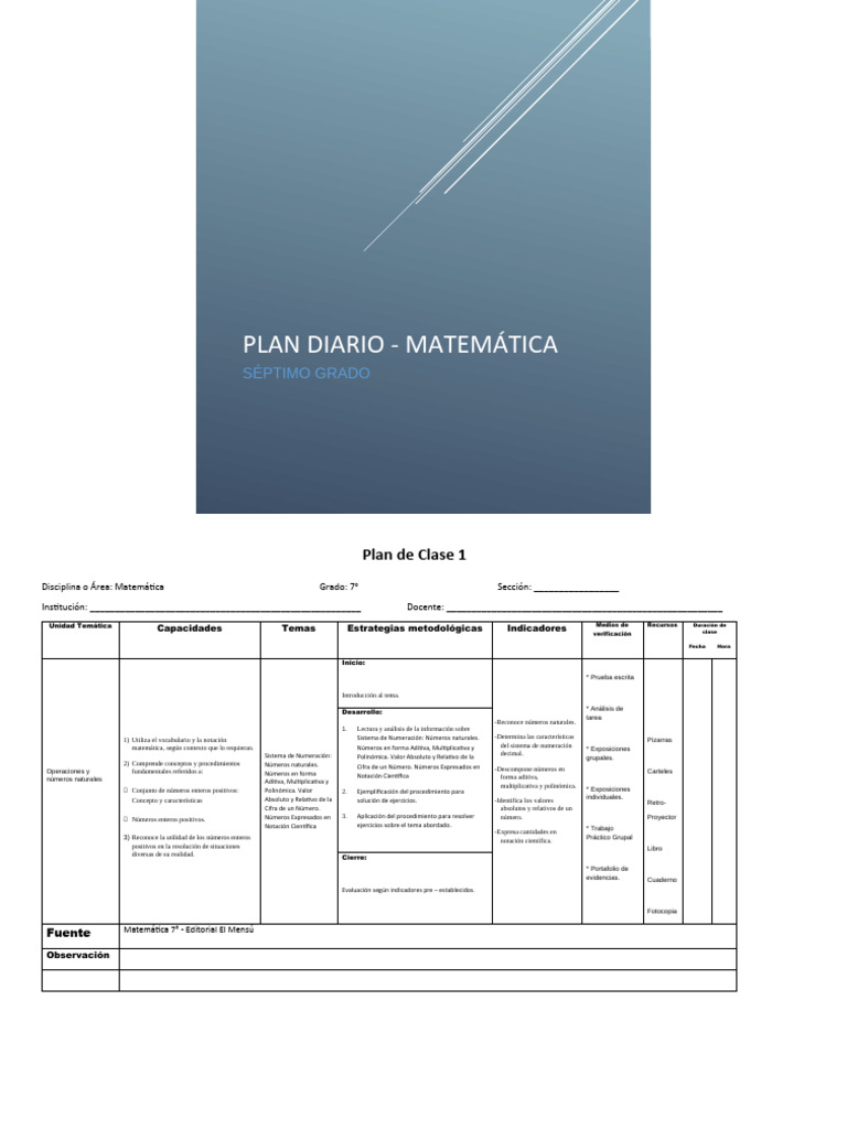 Plan de Clases de Matemática 7° Grado | PDF | Números | Matemáticas
