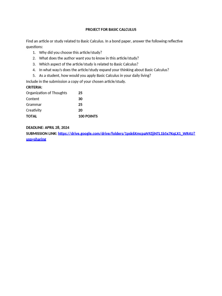 Basic Calculus Reflection Project | PDF