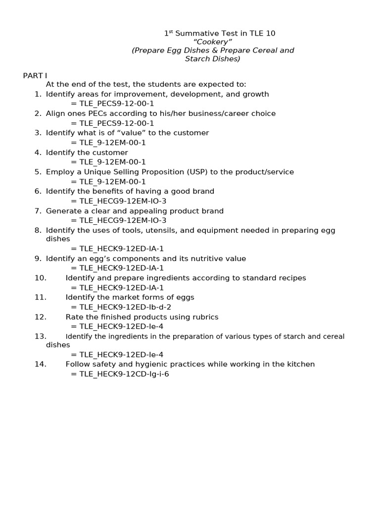 Tos First Quarter in Cookery 10 | PDF