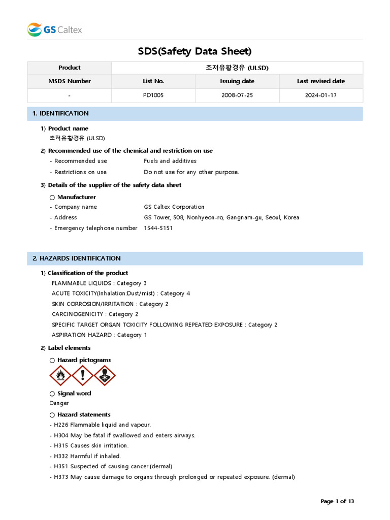 ULSD Safety Data Sheet (SDS) Overview | PDF | Fires | Toxicity