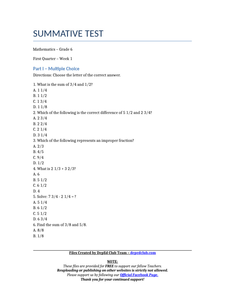 Grade 6 Math Summative Test Guide | PDF | Division (Mathematics) | Numbers