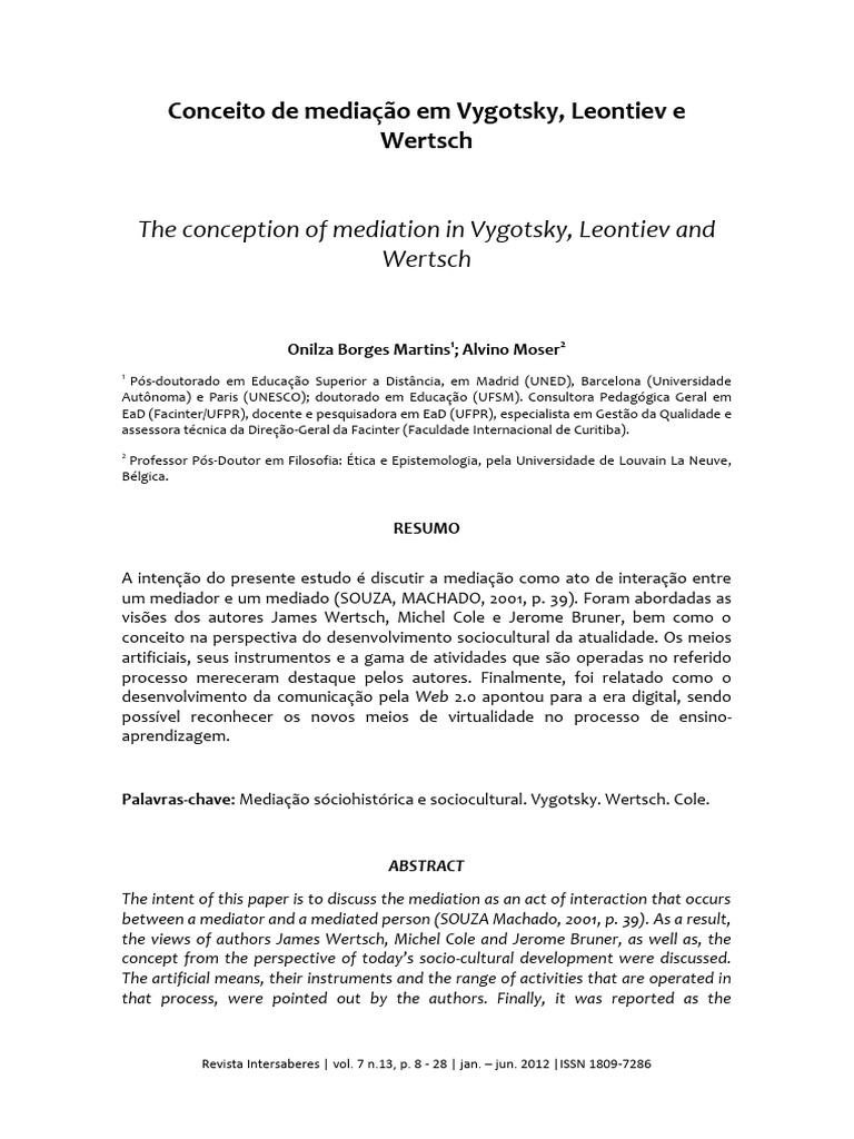 Mediação em Vygotsky e Wertsch: Teorias | PDF | Aprendizado | Psicologia