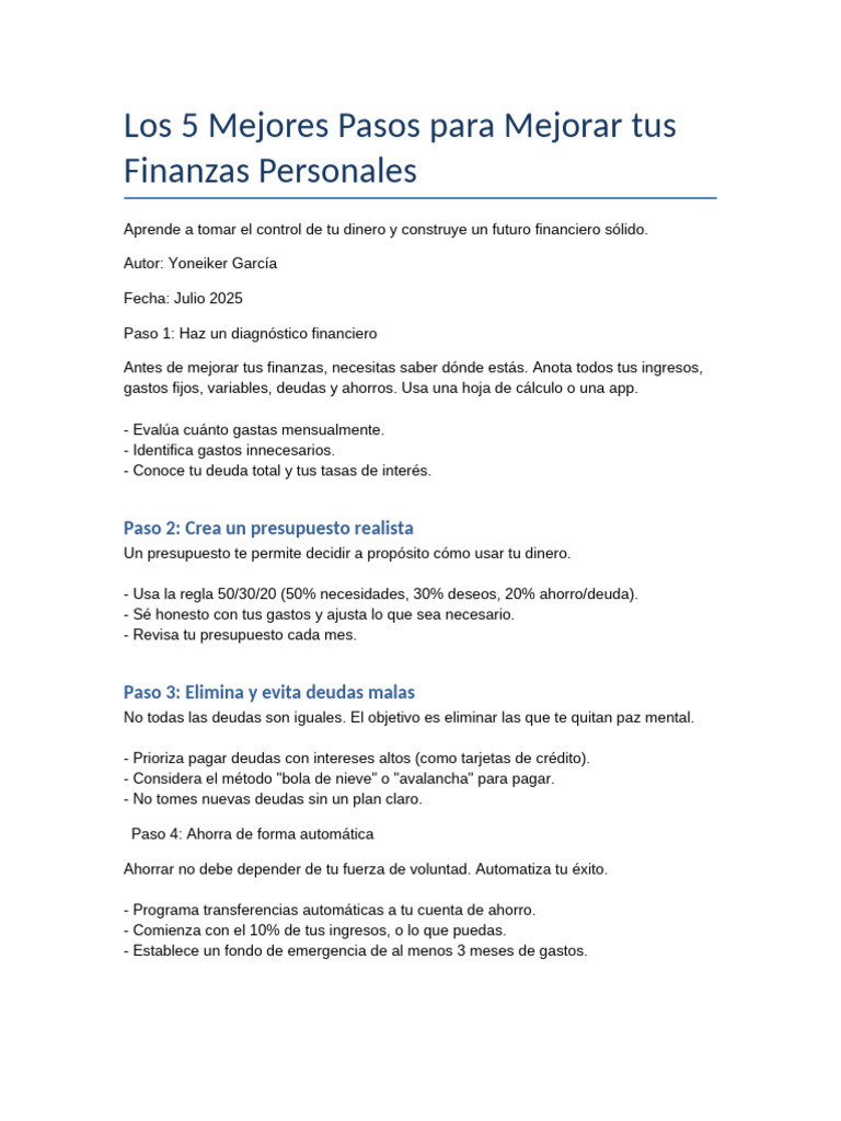 Mejora tus Finanzas en 5 Pasos | PDF