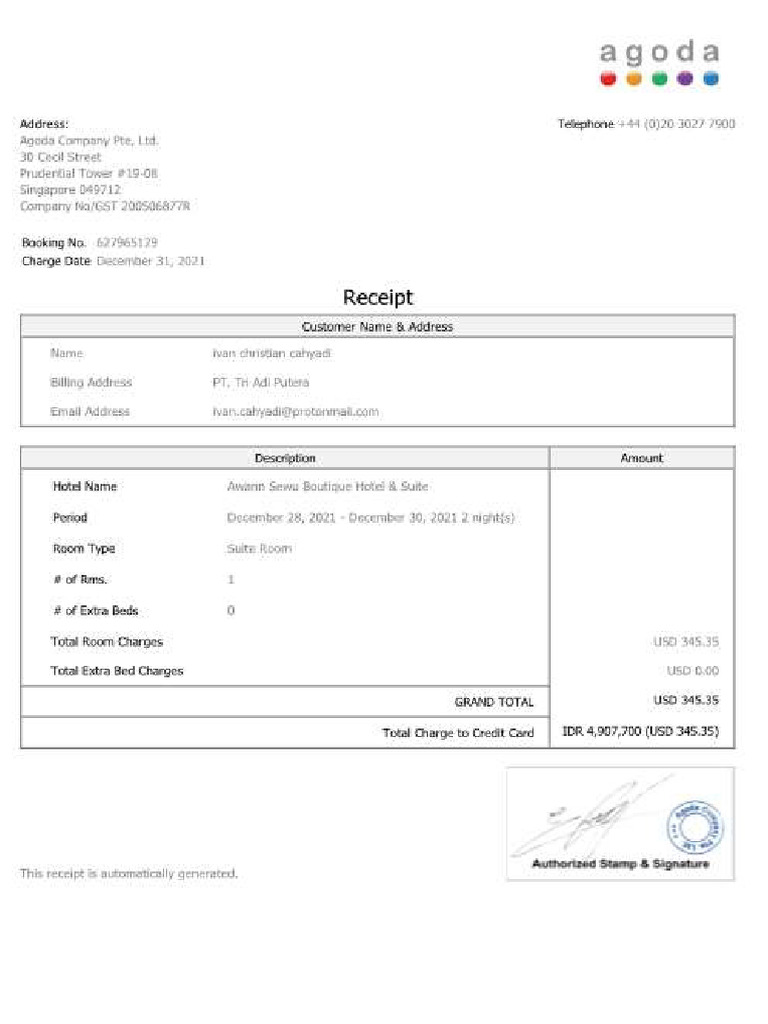 Agoda Booking ID 627965129 - RECEIPT Enclosed | PDF