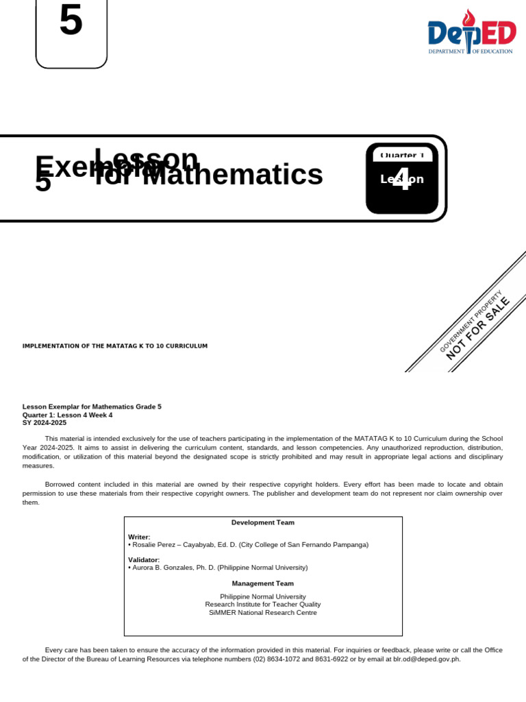 Grade 5 Math Lesson Exemplar Q1W4 | PDF | Learning