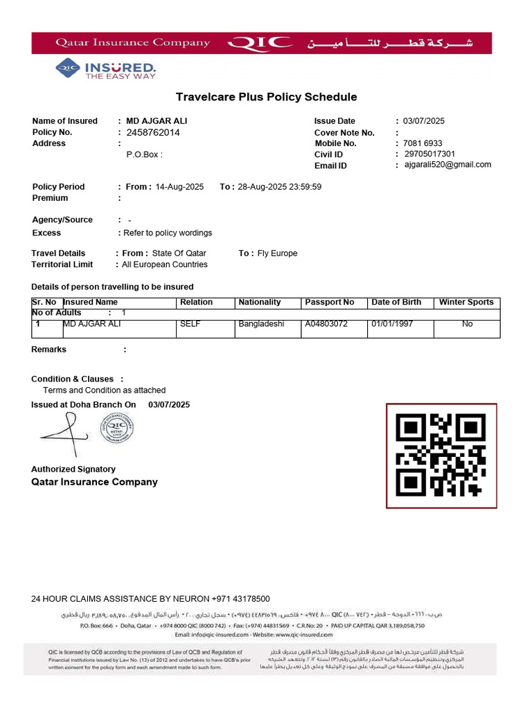 Travelcare Plus Insurance Policy Details | PDF | Insurance