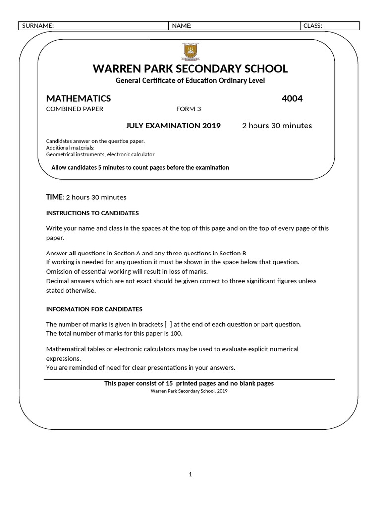 2019 O Level Mathematics Exam Paper | PDF | Circle | Geometry