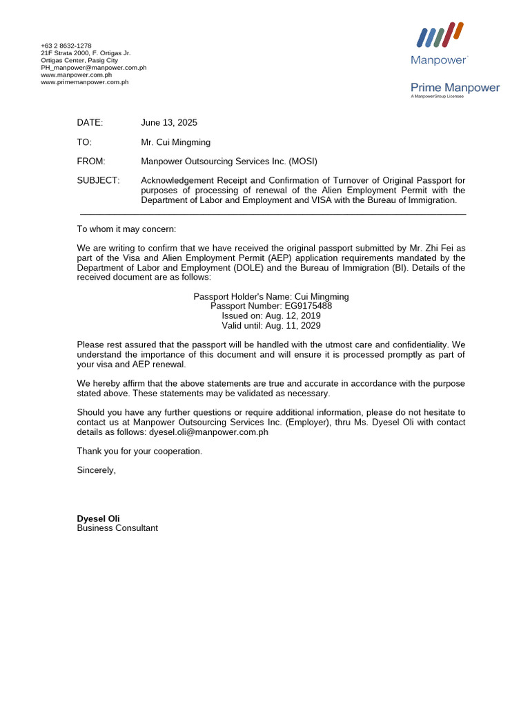 Passport Acknowledgment for Visa Renewal | PDF