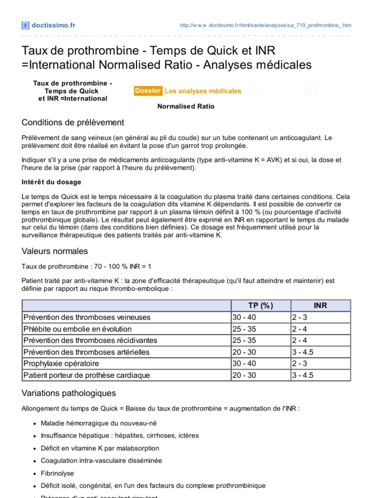 Medical Taux de Prothrombine Temps de Quick INR Maladies et troubles Médecine