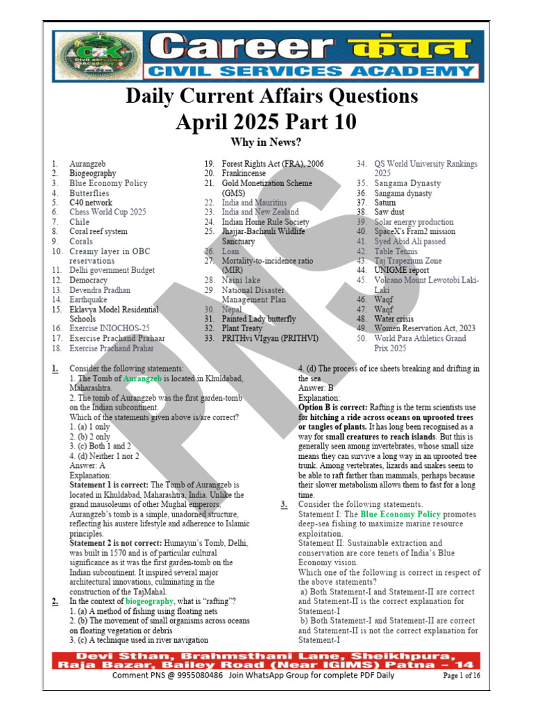 Daily Current Affairs April 2025 Part 10 | PDF | Earthquakes | Coral
