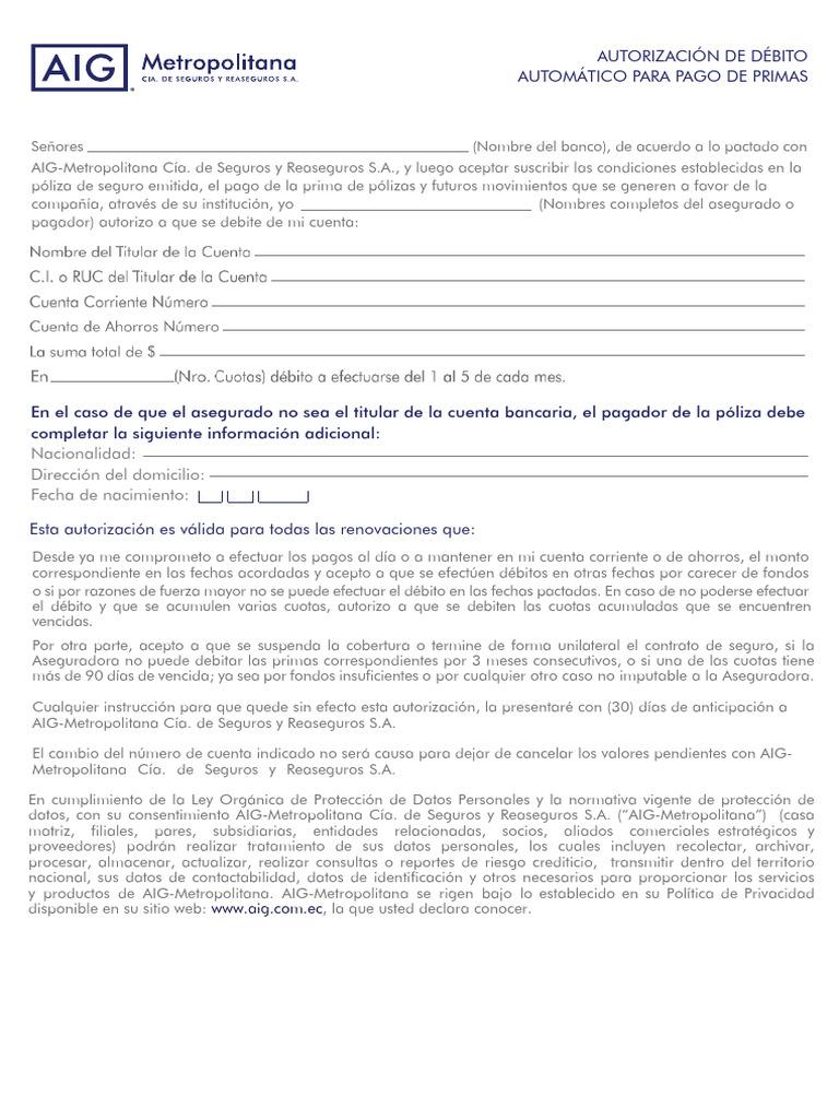 Autorización de Débito Automático de Seguros | PDF | Seguro | Reaseguro