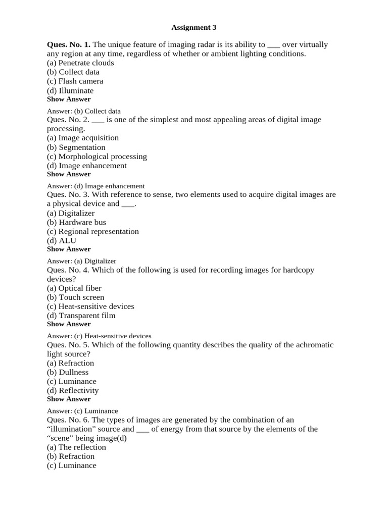 Digital Image Processing Quiz Answers | PDF | Image Segmentation | Camera