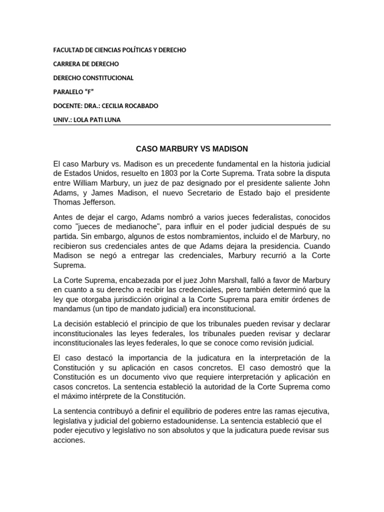 Caso Marbury vs. Madison: Revisión Judicial | PDF | Marbury V. Madison ...