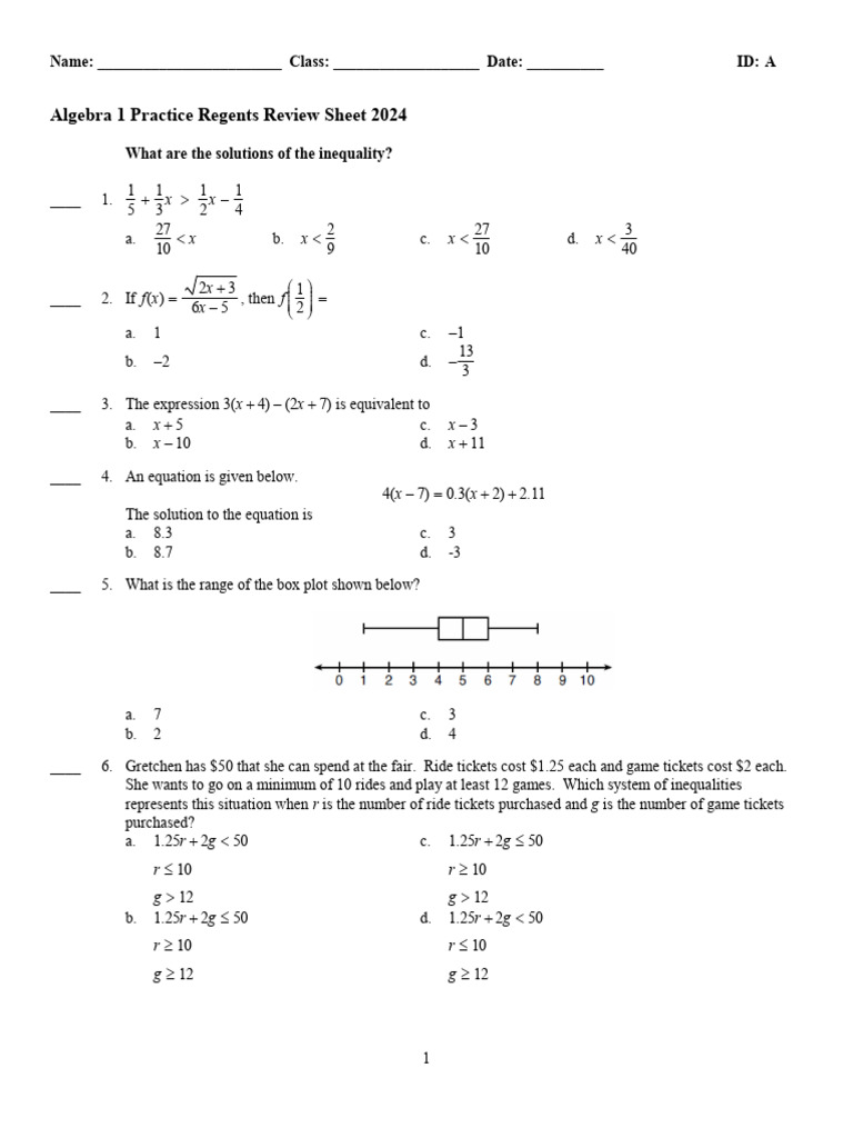 Algebra 1 Practice Regents Review Sheet 2024 | PDF | Function ...