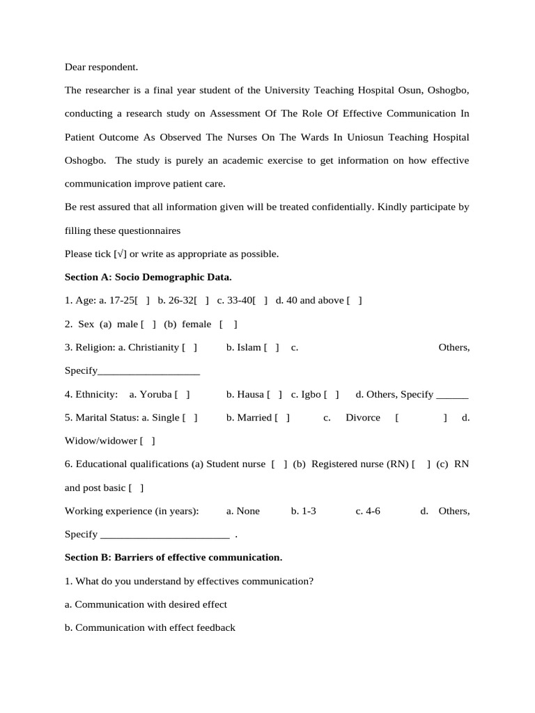 Communication Skills Questionnaire | PDF | Communication | Nursing