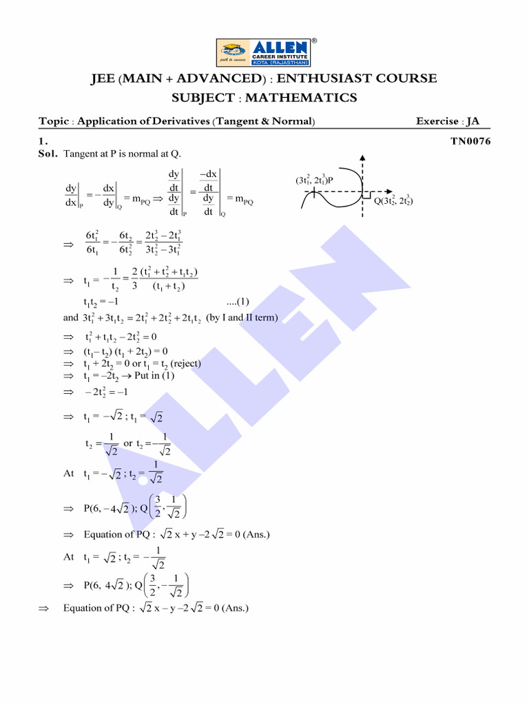 Tangent and Normal - Exercise Solution-6 | PDF