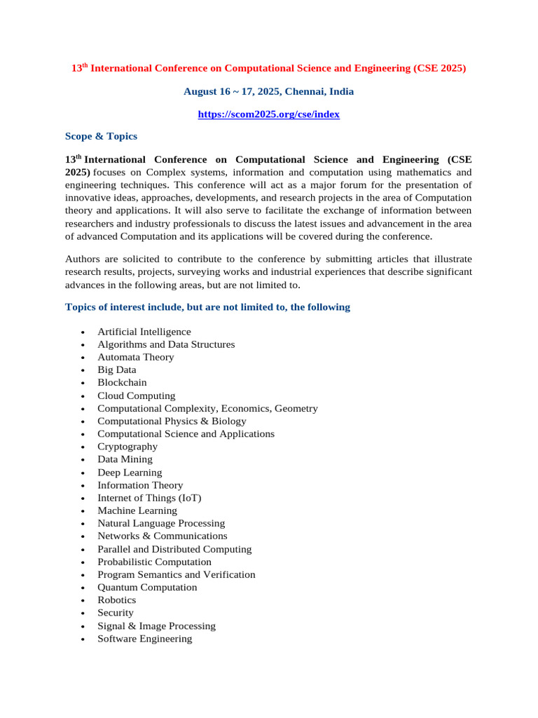 Call For Papers - 13th International Conference On Computational ...