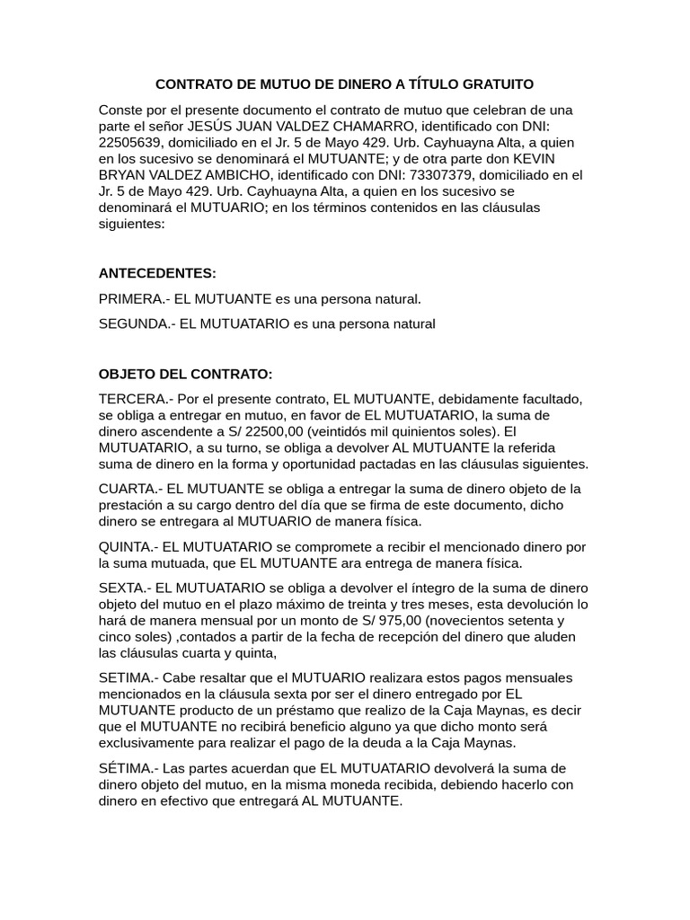 Contrato de Mutuo Gratuito de Dinero | PDF