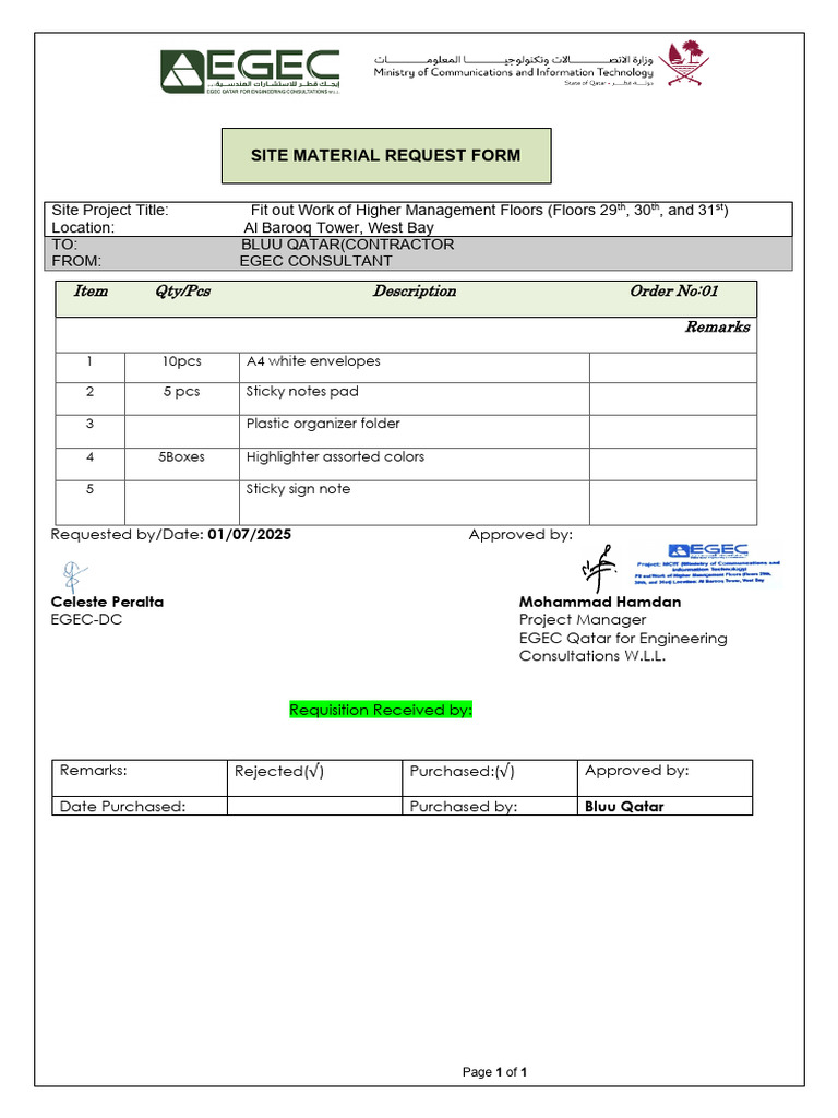 Site Material Request Form for Fit Out Work | PDF