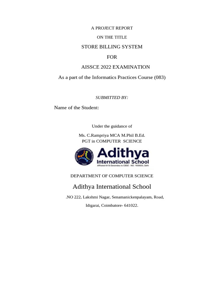 Store Billing System Project Report | PDF | Databases | Customer