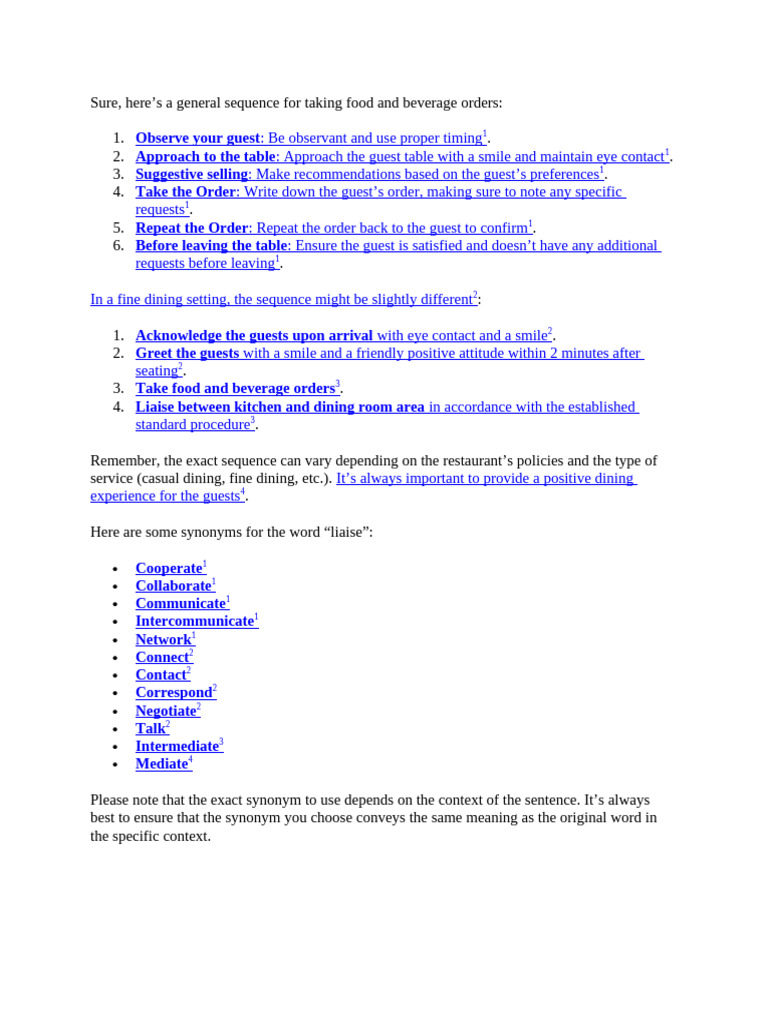 Food and Beverage Order Process Guide | PDF | Restaurants | Tableware