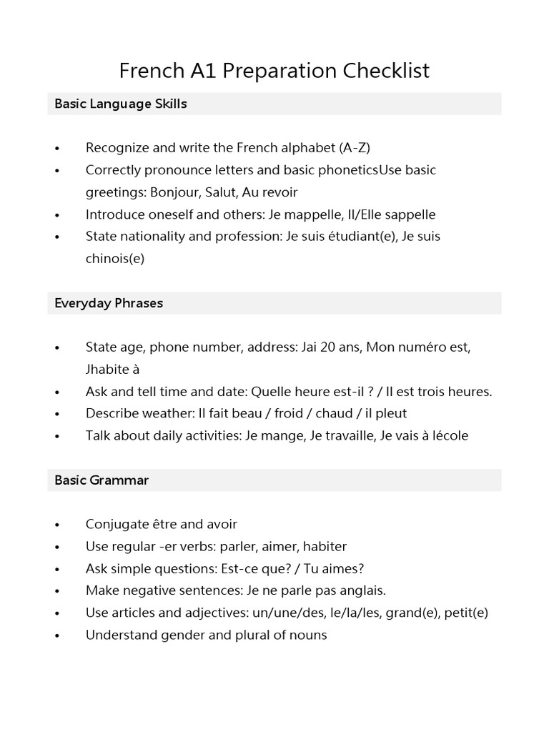 Checklist de préparation A1 en français | PDF