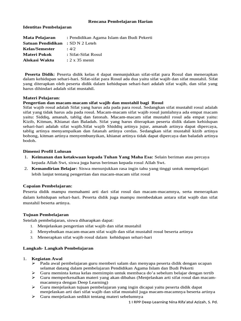 RPP Deep Learning PAI Kelas 4 Semester 2 | PDF