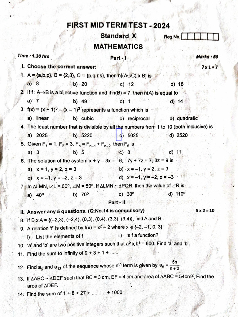 10th Maths 1st Mid Term Test 2024 Original Question Paper With Answer ...
