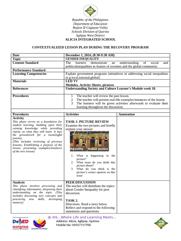 Gender and Social Inequality Lesson Plan | PDF | Learning | Lesson Plan