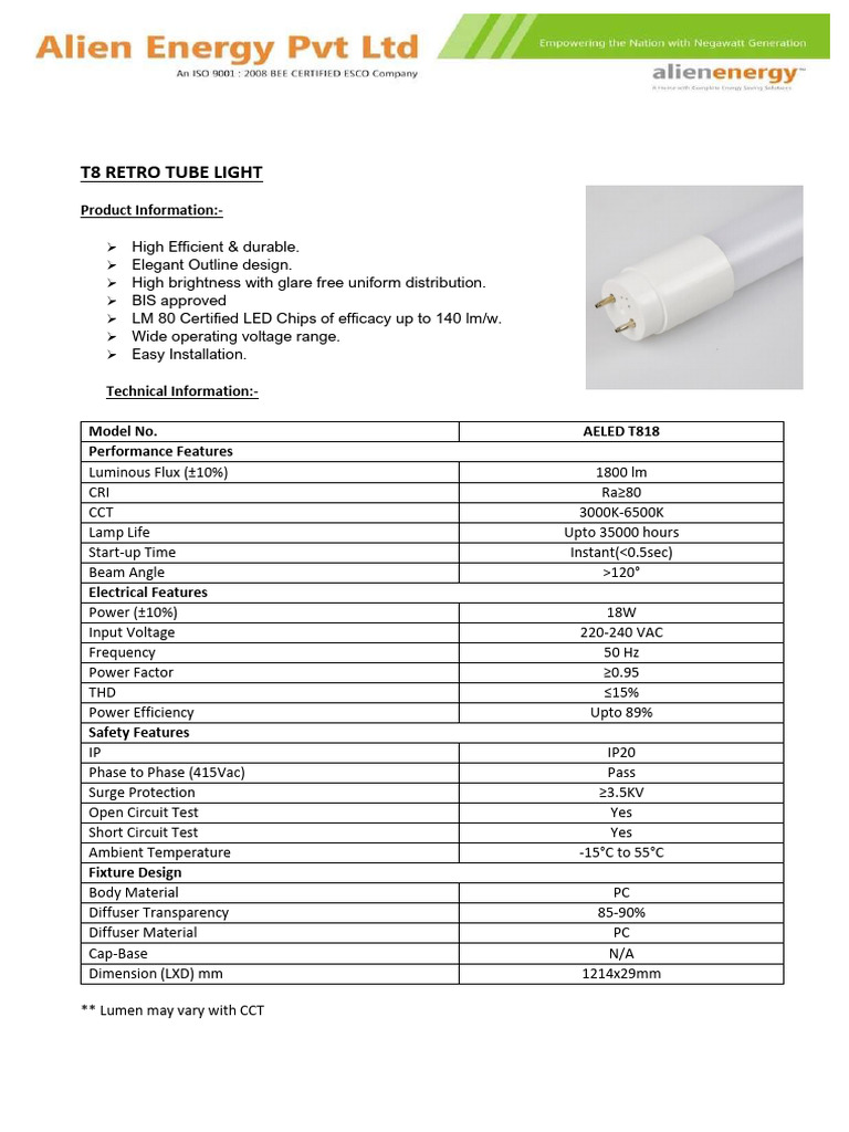 T8 Retro Tube Light Technical Data Sheet | PDF