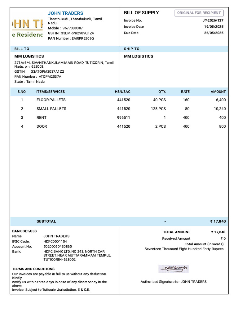 Invoice for MM Logistics - John Traders | PDF | Invoice | Economies