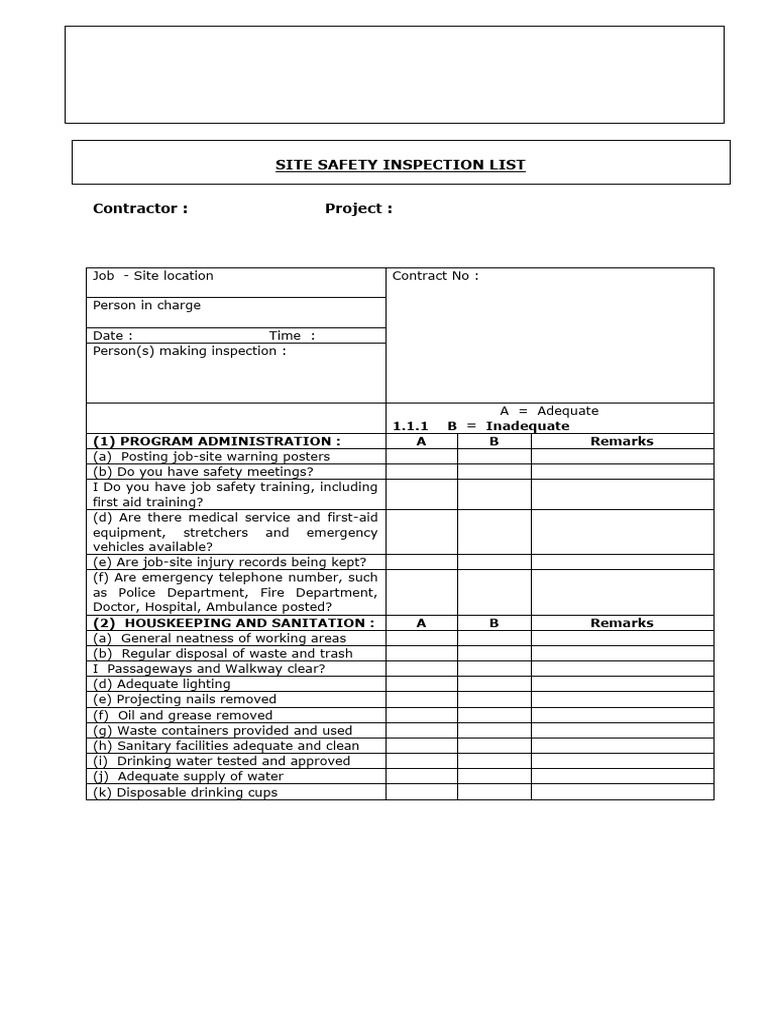 Construction Safety Inspection Checklist | PDF | Housekeeping | Scaffolding