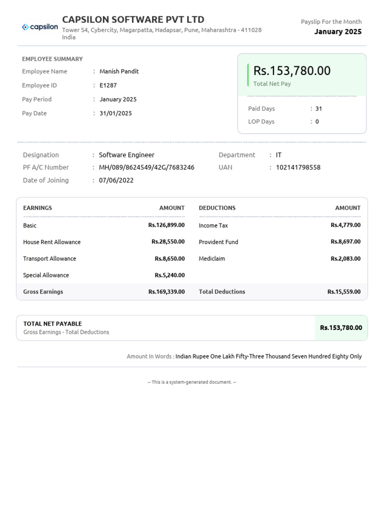 January 2025 Payslip for Manish Pandit | PDF
