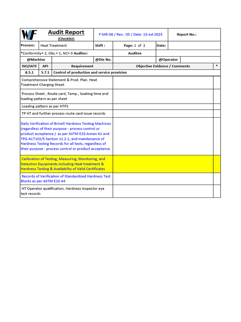 F-MR-08 Rev-05 HT Audit Checklist | PDF