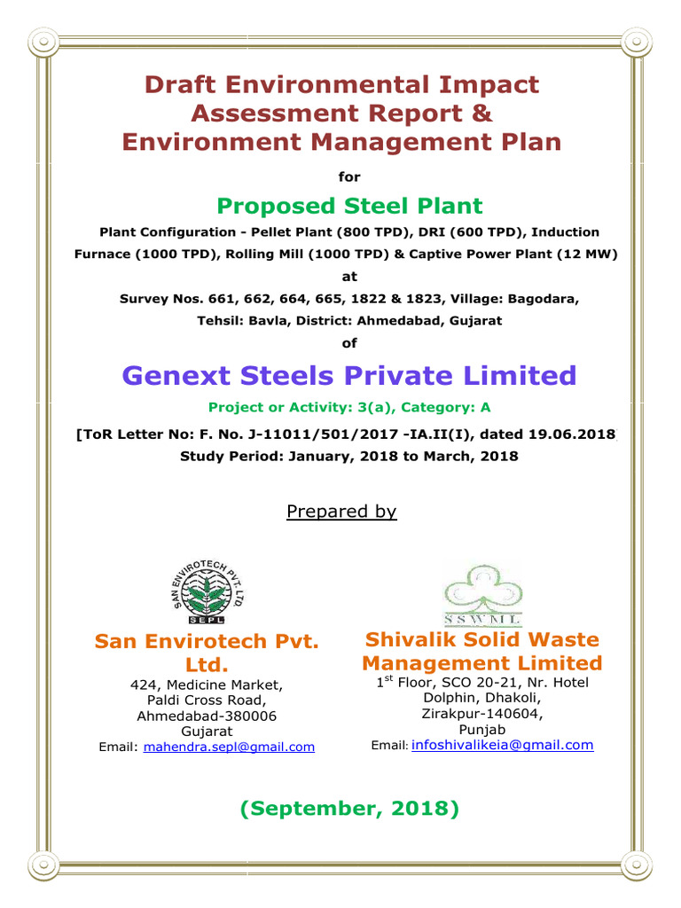 Draft EIA for Genext Steel Plant, Gujarat | PDF | Environmental Impact ...